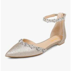 XYD Light Gold Glitter Pointed Toe D'Orsay Sparkly Ankle Strap Wedding Sandals